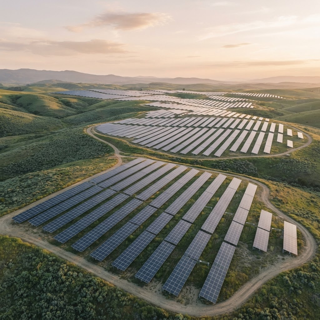 Campo de painéis solares gerando energia limpa ao amanhecer
